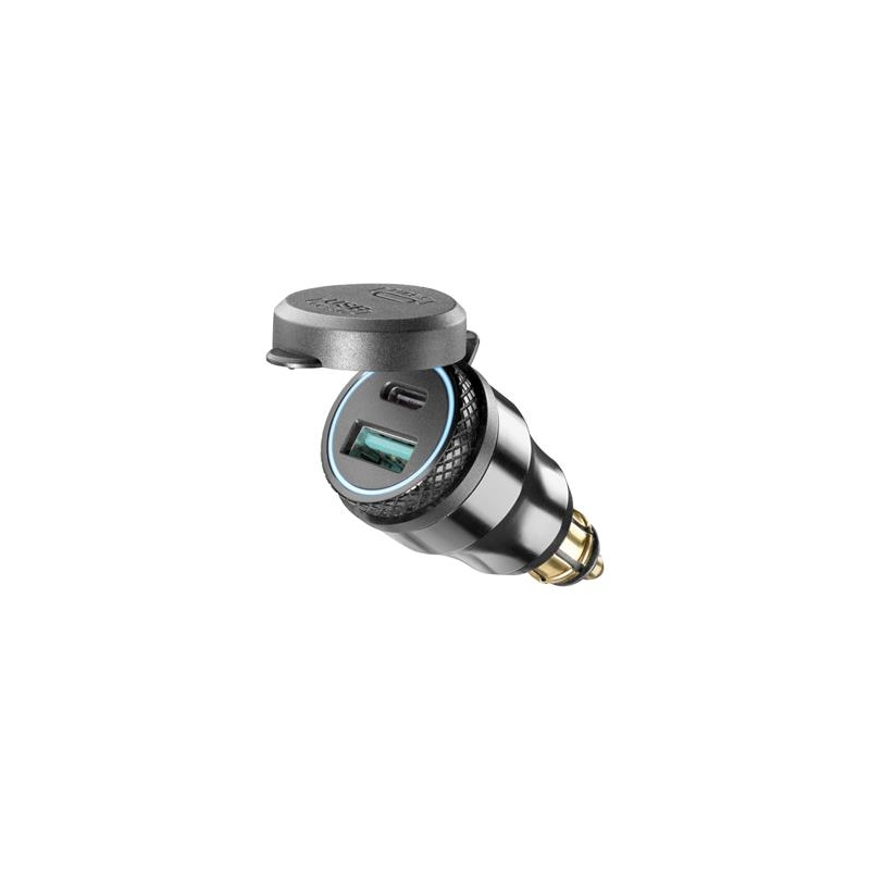DIN Interphone -sovitin, jossa on 1 x USB ja USB-C-lähtö moottoripyöriin.