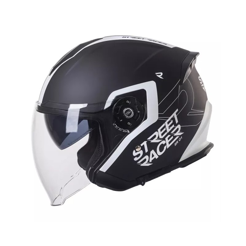 Avoin moottoripyöräilykypärä Street Racer SR 01 musta ja valkoinen