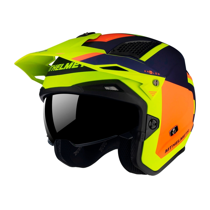 Otevřená trialová přilba na motorku MT District SV Analog D27 modro-oranžovo-fluo žlutá