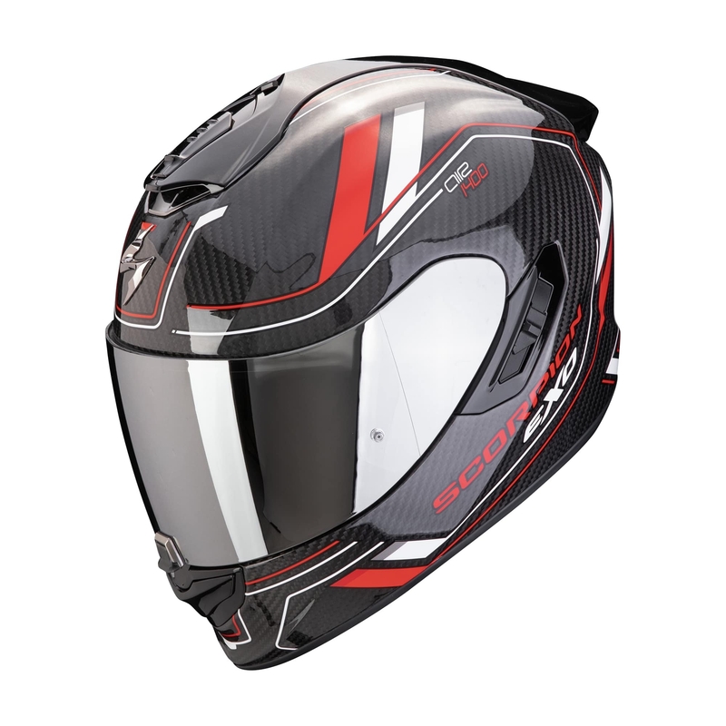Integroitu moottoripyöräilykypärä Scorpion EXO-1400 EVO II CARBON AIR MIRAGE musta-punainen-valkoinen