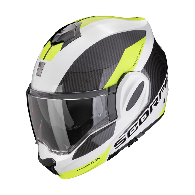 Taitettava moottoripyöräilykypärä Scorpion EXO-TECH EVO TEAM valkoinen-fluo keltainen alennusmyynti
