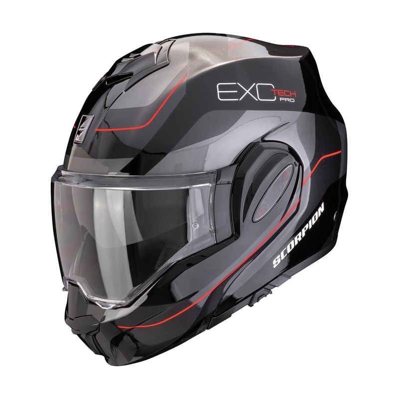Taitettava moottoripyöräilykypärä Scorpion EXO-TECH EVO PRO COMMUTA musta-hopea-punainen alennusmyynti