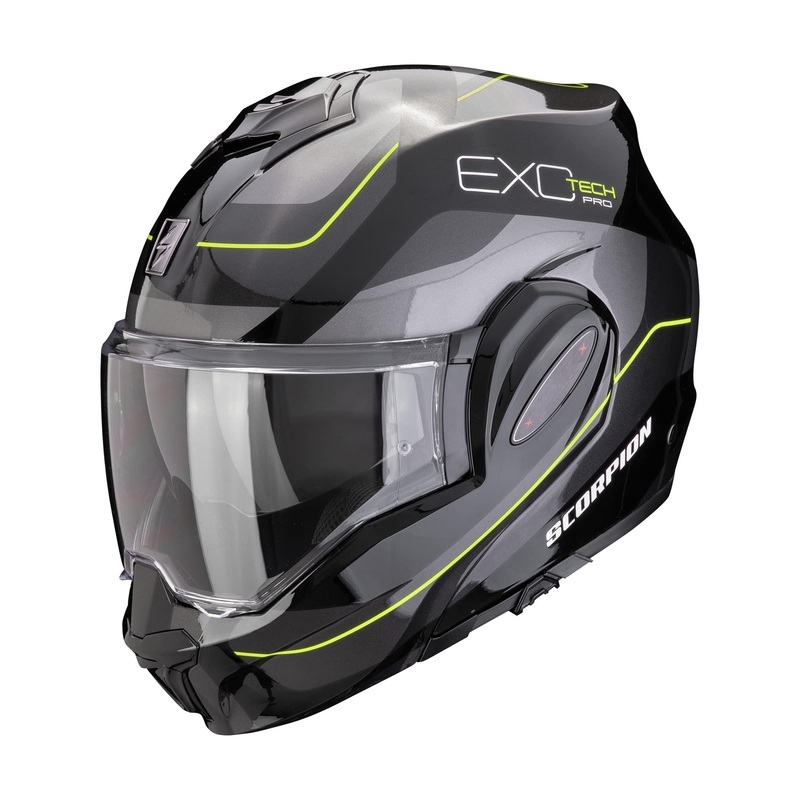 Taitettava moottoripyöräilykypärä Scorpion EXO-TECH EVO PRO COMMUTA musta-hopea-keltainen alennusmyynti