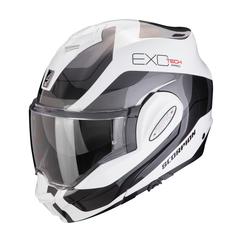 Taitettava moottoripyöräilykypärä Scorpion EXO-TECH EVO PRO COMMUTA valkoinen-hopea alennusmyynti