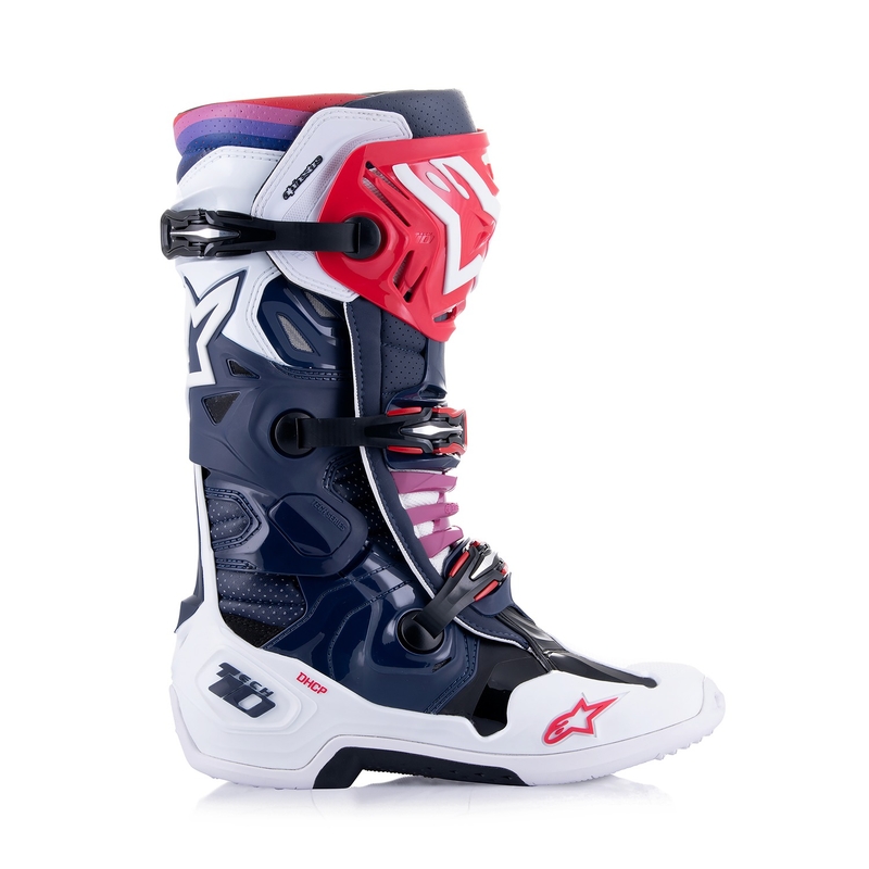 Alpinestars Tech 10 Supervented rei'itetyt tummansininen-valkoinen-punainen-violetti moottoripyöräsaappaat