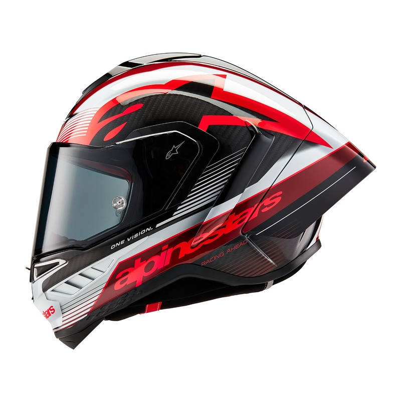 Alpinestars Supertech R-10 Team hiilikuituinen punainen ja valkoinen integraalinen moottoripyöräilykypärä.