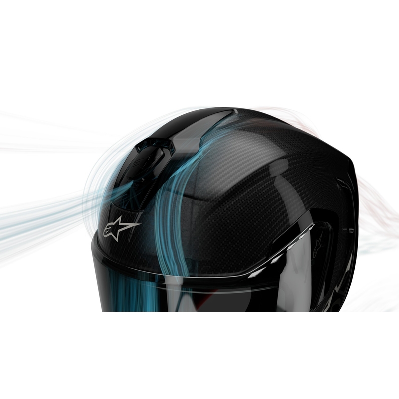 Alpinestars Supertech R-10 Team hiilikuituinen punainen ja valkoinen integraalinen moottoripyöräilykypärä.