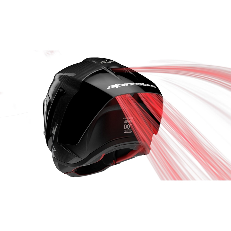 Alpinestars Supertech R-10 Team hiilikuituinen punainen ja valkoinen integraalinen moottoripyöräilykypärä.