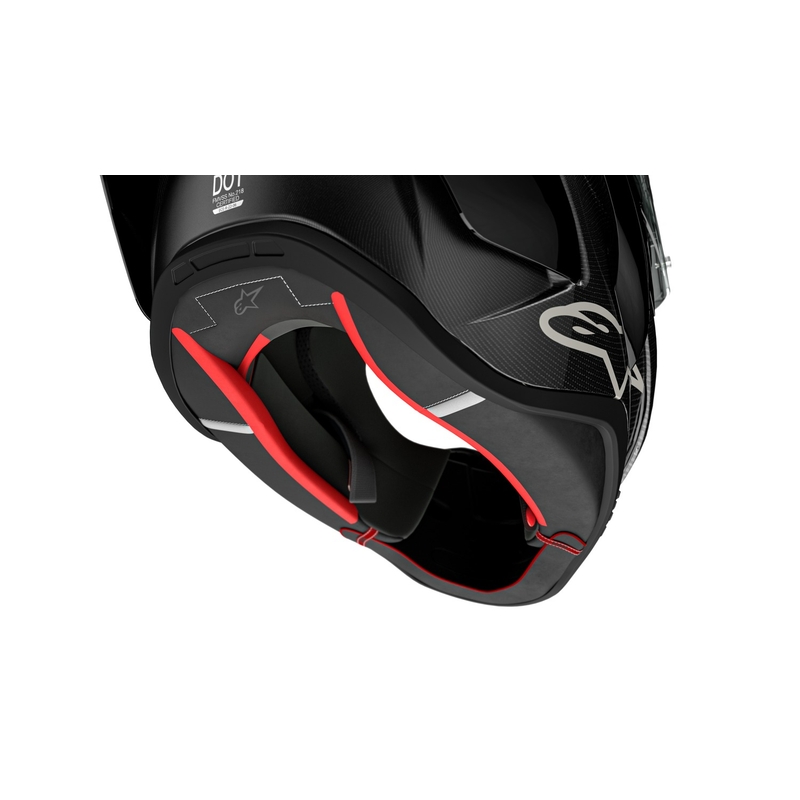 Alpinestars Supertech R-10 Team hiilikuituinen punainen ja valkoinen integraalinen moottoripyöräilykypärä.