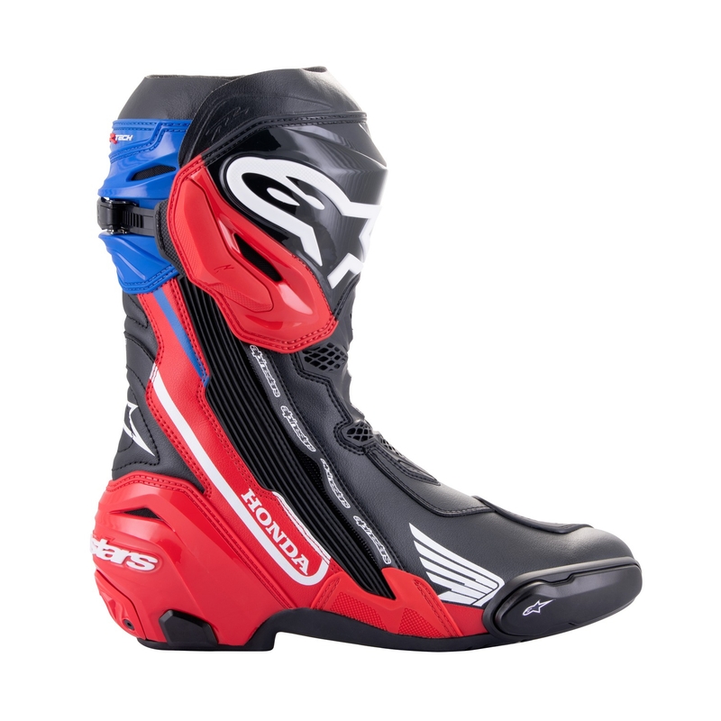 Alpinestars Supertech R Honda Musta-Punainen Fluo-Sininen-Valkoinen Moottoripyöräilykengät