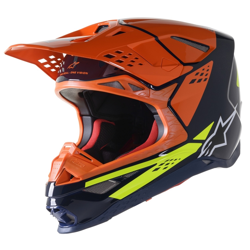 Motokrosová helma Alpinestars Supertech S-M8 Factory tmavo modro-oranžovo-fluo žlutá lesklá