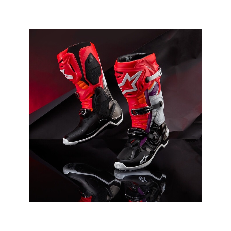 Alpinestars Tech 10 oranssi-keltainen-violetti-valko-musta moottoripyöräsaappaat