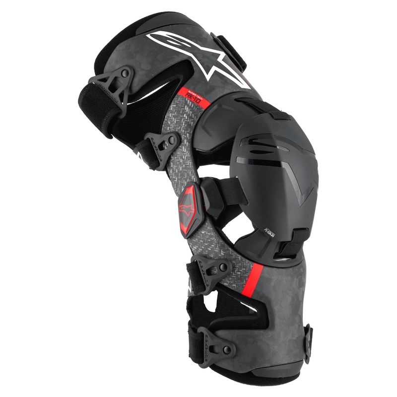 Alpinestars Supertech RK-10 Plasma mustat ja punaiset polvituet.