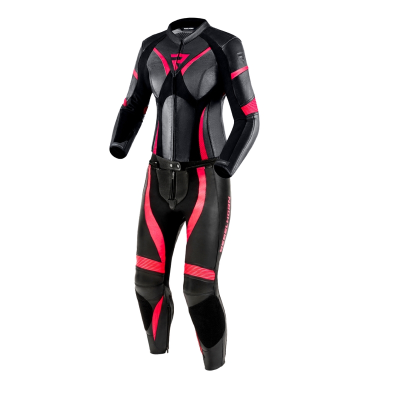 Rebelhorn Rebel Naisten nahkainen moottoripyöräilyhaalari kiiltävä musta ja vaaleanpunainen