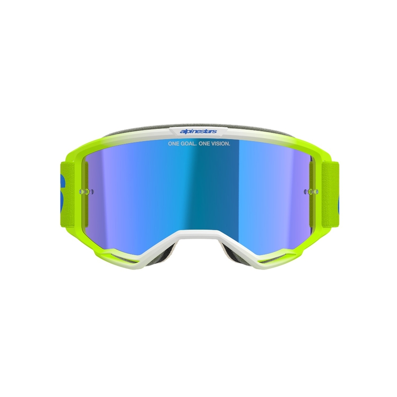 Alpinestars Vision 5 Blaze fluo-kelta-siniset motocross-lasit, joissa on peilattu sininen plexi