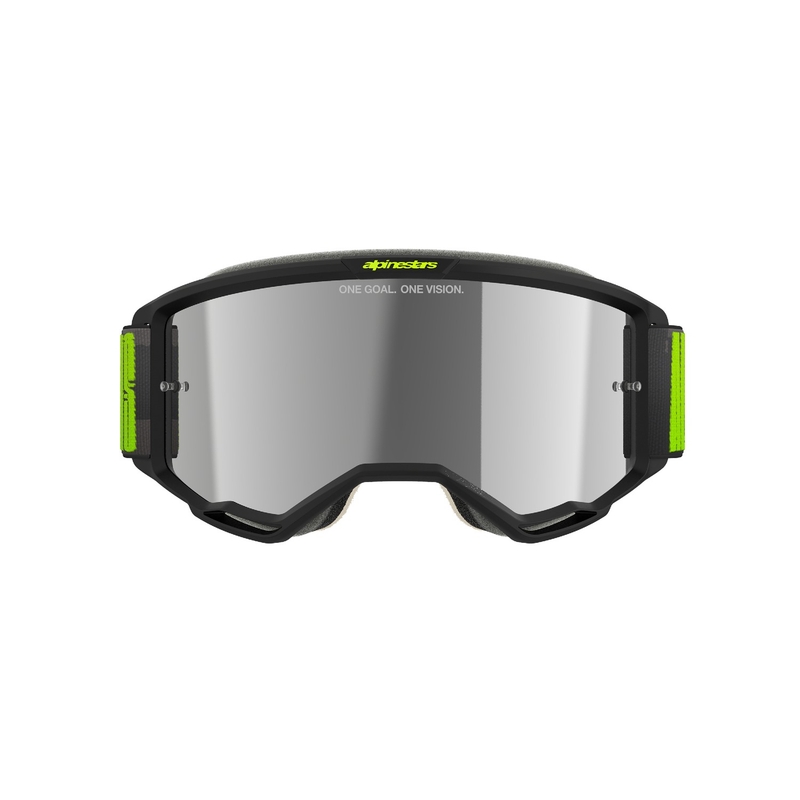 Alpinestars Vision 5 Hollow harmaa-fluokankeltaiset motocrosslasit hopeisella peiliplexillä varustettuna.