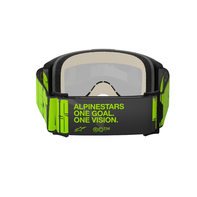 Alpinestars Vision 5 Hollow harmaa-fluokankeltaiset motocrosslasit hopeisella peiliplexillä varustettuna.