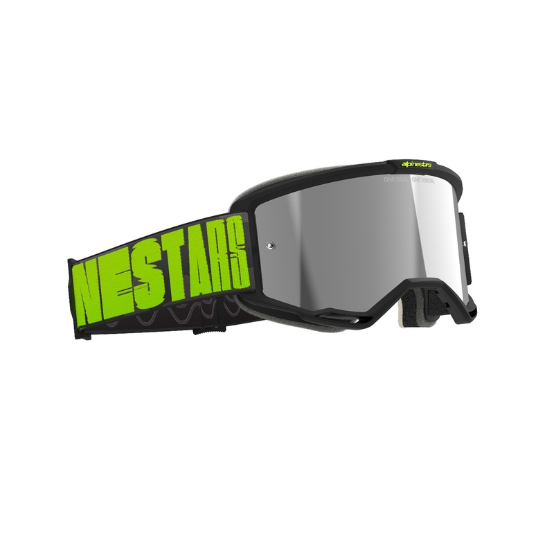 Alpinestars Vision 5 Hollow harmaa-fluokankeltaiset motocrosslasit hopeisella peiliplexillä varustettuna.