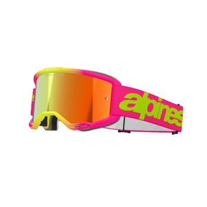 Alpinestars Vision 5 Wordmark pinkki-fluo-keltaiset motocrosslasit peilipintaisella punaisella pleksillä.