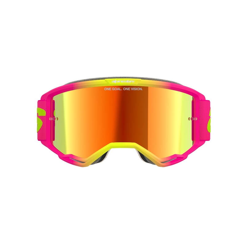 Alpinestars Vision 5 Wordmark pinkki-fluo-keltaiset motocrosslasit peilipintaisella punaisella pleksillä.
