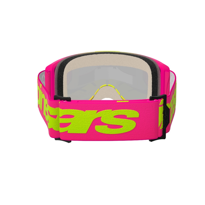 Alpinestars Vision 5 Wordmark pinkki-fluo-keltaiset motocrosslasit peilipintaisella punaisella pleksillä.