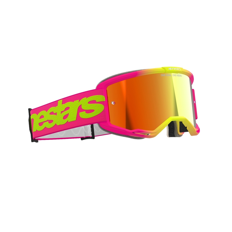 Alpinestars Vision 5 Wordmark pinkki-fluo-keltaiset motocrosslasit peilipintaisella punaisella pleksillä.