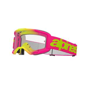 Alpinestars Vision 5 Wordmark pinkki-fluo-keltaiset motocrosslasit kirkkaalla pleksillä.
