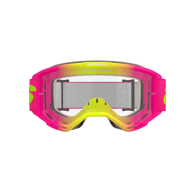 Alpinestars Vision 5 Wordmark pinkki-fluo-keltaiset motocrosslasit kirkkaalla pleksillä.