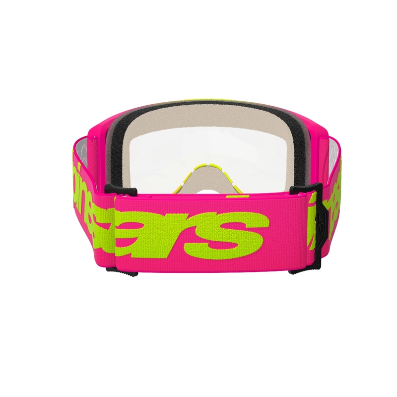 Alpinestars Vision 5 Wordmark pinkki-fluo-keltaiset motocrosslasit kirkkaalla pleksillä.