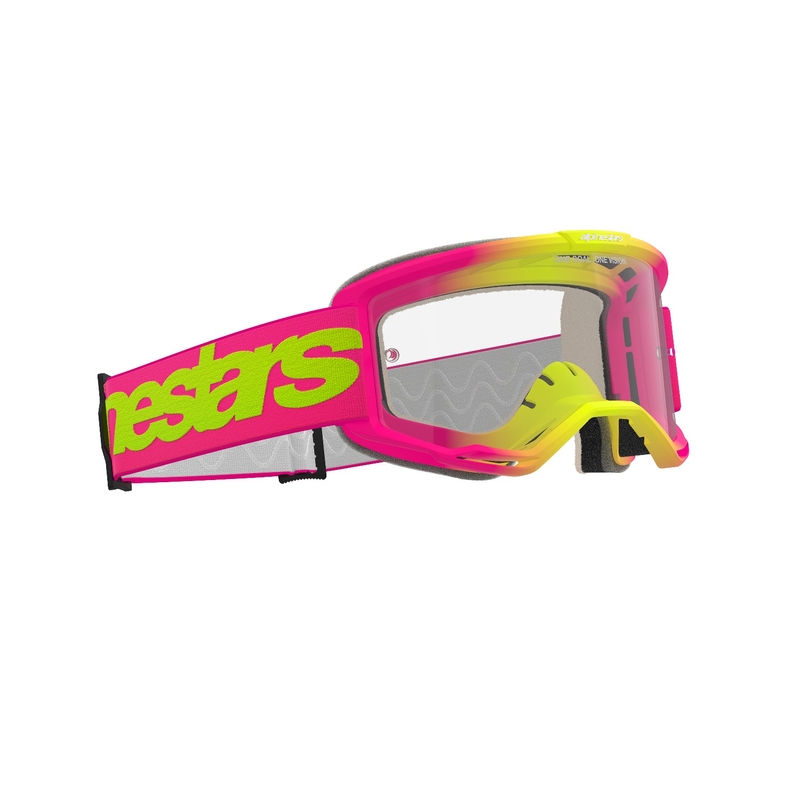 Alpinestars Vision 5 Wordmark pinkki-fluo-keltaiset motocrosslasit kirkkaalla pleksillä.