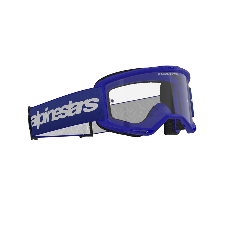Alpinestars Vision 3 Wordmark motocross lasit sininen kirkkaalla pleksillä varustettuna.