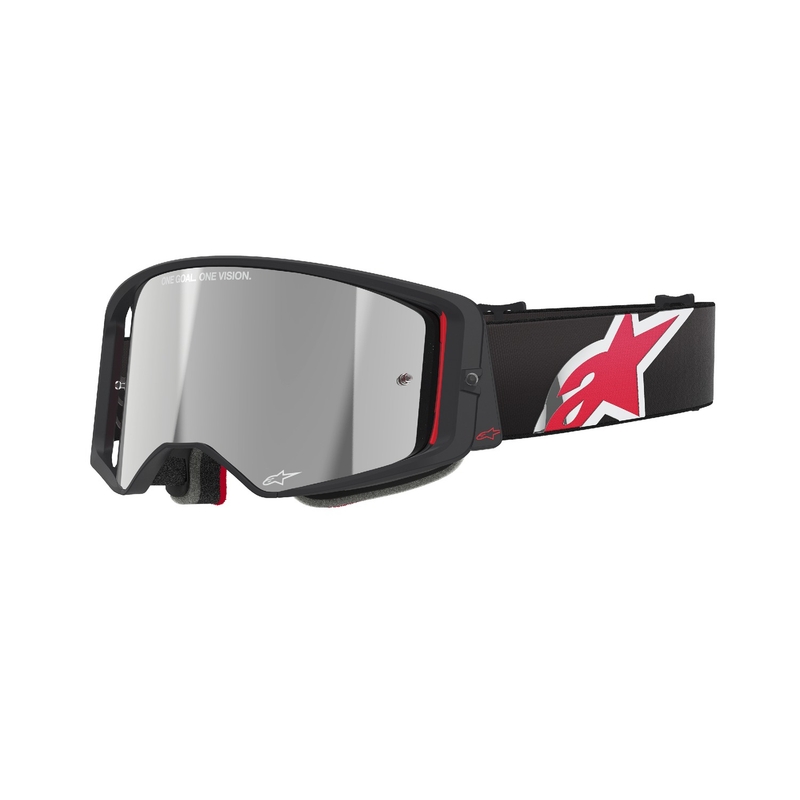 Alpinestars Supertech Corp mustat ja punaiset motocross-lasit, joissa on hopea peililinssi