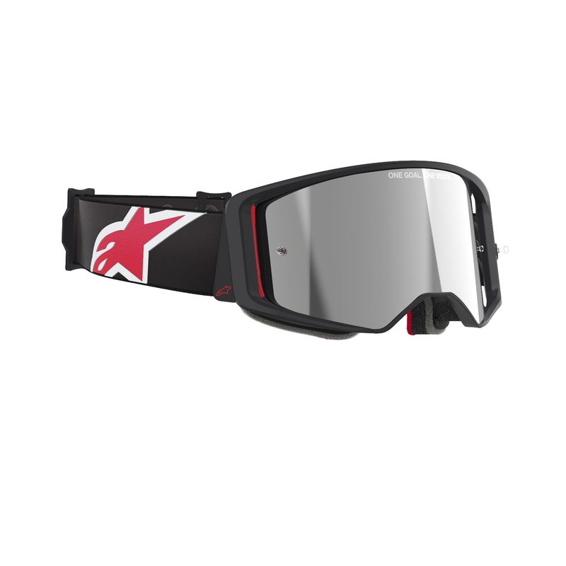 Alpinestars Supertech Corp mustat ja punaiset motocross-lasit, joissa on hopea peililinssi
