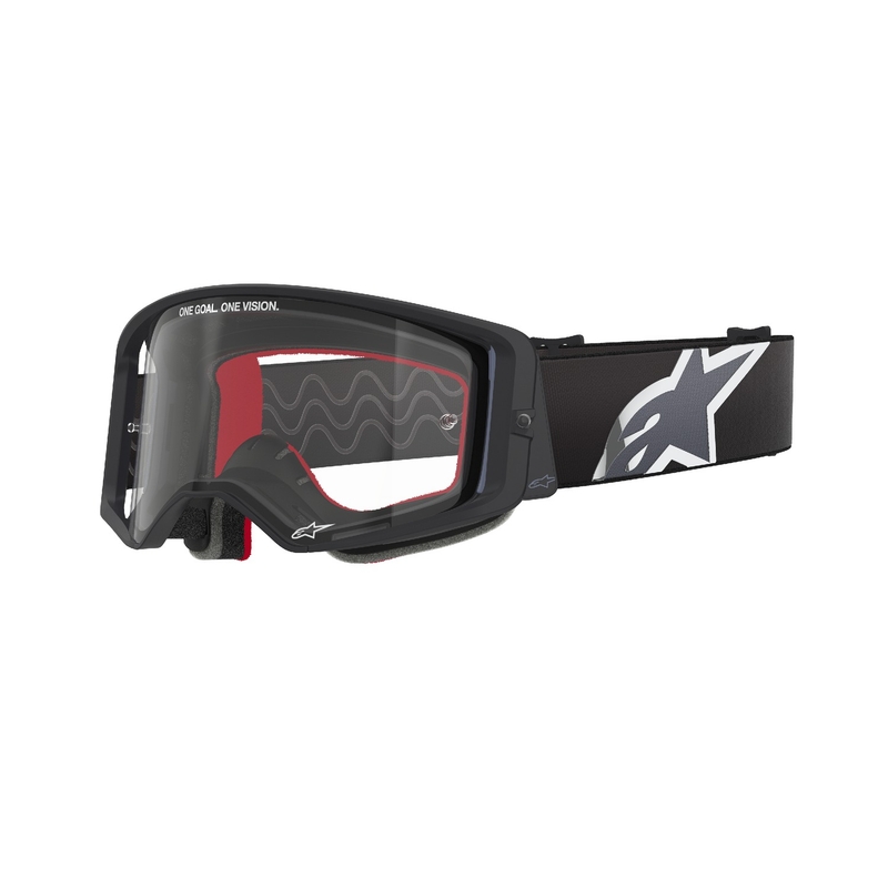Alpinestars Supertech Corp mustan ja harmaan väriset motocrosslasit kirkkaalla linssillä.