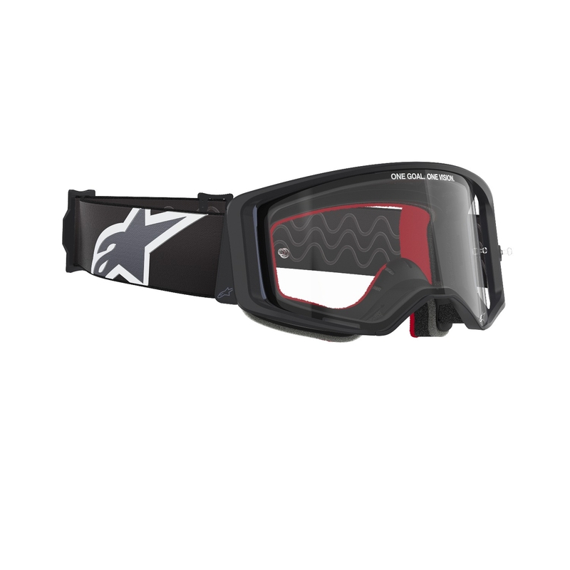 Alpinestars Supertech Corp mustan ja harmaan väriset motocrosslasit kirkkaalla linssillä.