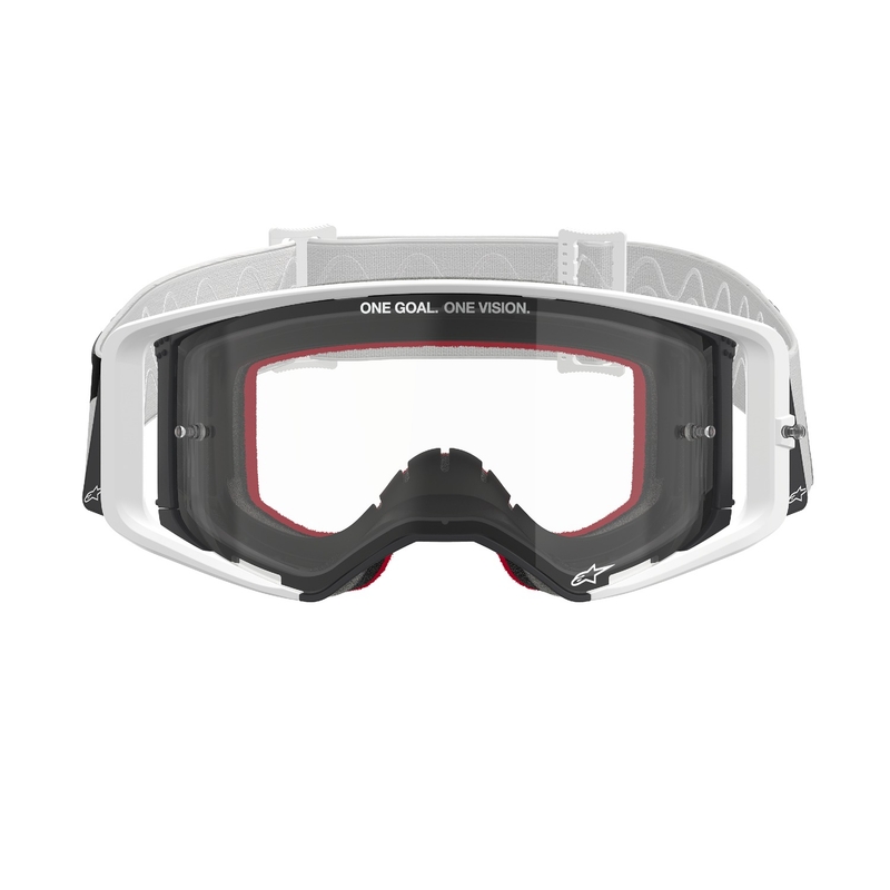 Alpinestars Supertech Corp valkoiset motocrosslasit kirkkaalla linssillä