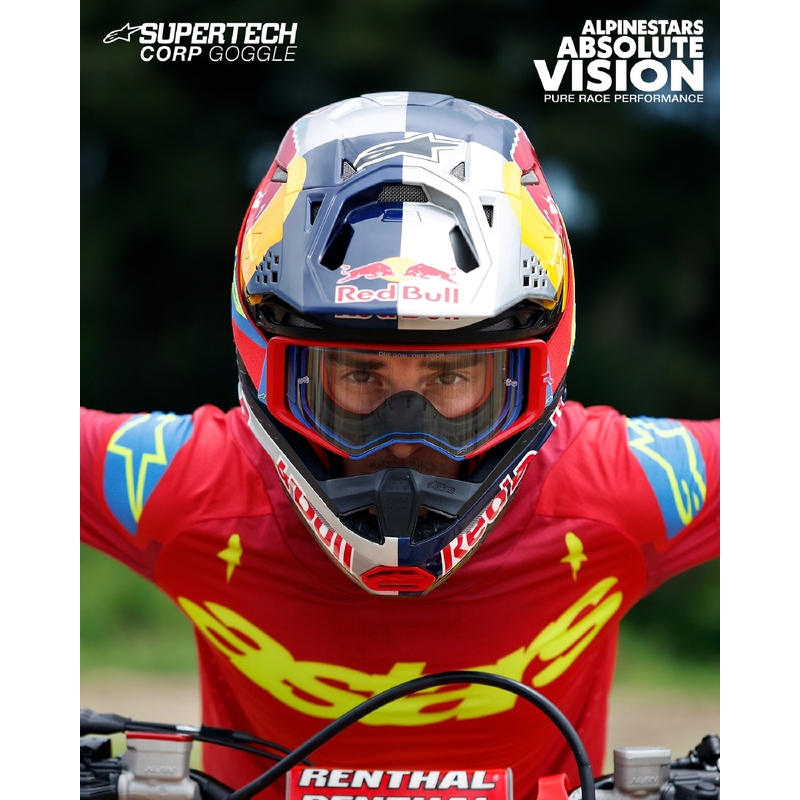 Alpinestars Supertech Corp valkoiset motocrosslasit kirkkaalla linssillä
