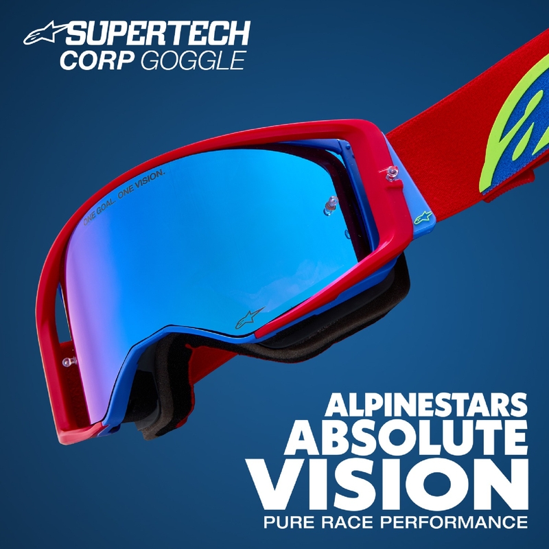 Alpinestars Supertech Corp valkoiset motocrosslasit kirkkaalla linssillä