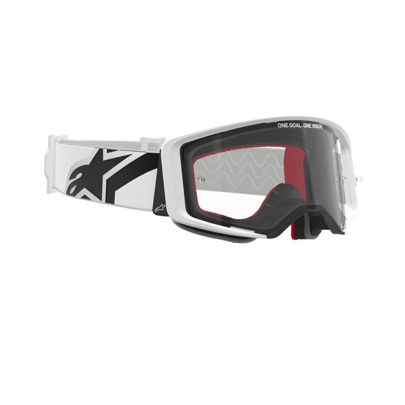 Alpinestars Supertech Corp valkoiset motocrosslasit kirkkaalla linssillä