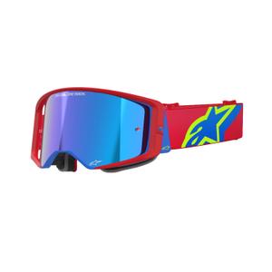 Alpinestars Supertech Corp punaiset ja siniset motocross-lasit, joissa on peilattu hopeinen linssi.