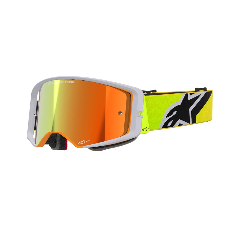 Alpinestars Supertech Corp fluo-kelta-harmaat motocross-lasit, joissa on peilattu punainen linssi.