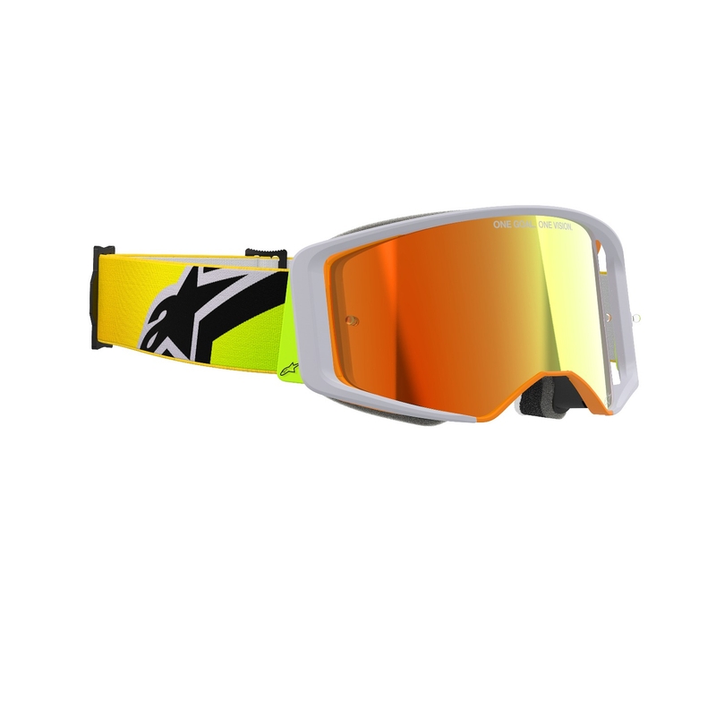 Alpinestars Supertech Corp fluo-kelta-harmaat motocross-lasit, joissa on peilattu punainen linssi.