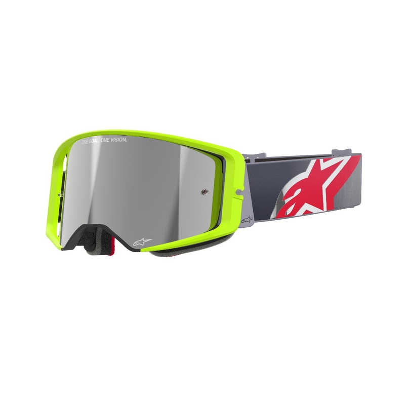 Alpinestars Supertech Corp fluokelta-punaiset motocrosslasit, joissa on hopeanvärinen peililinssi.