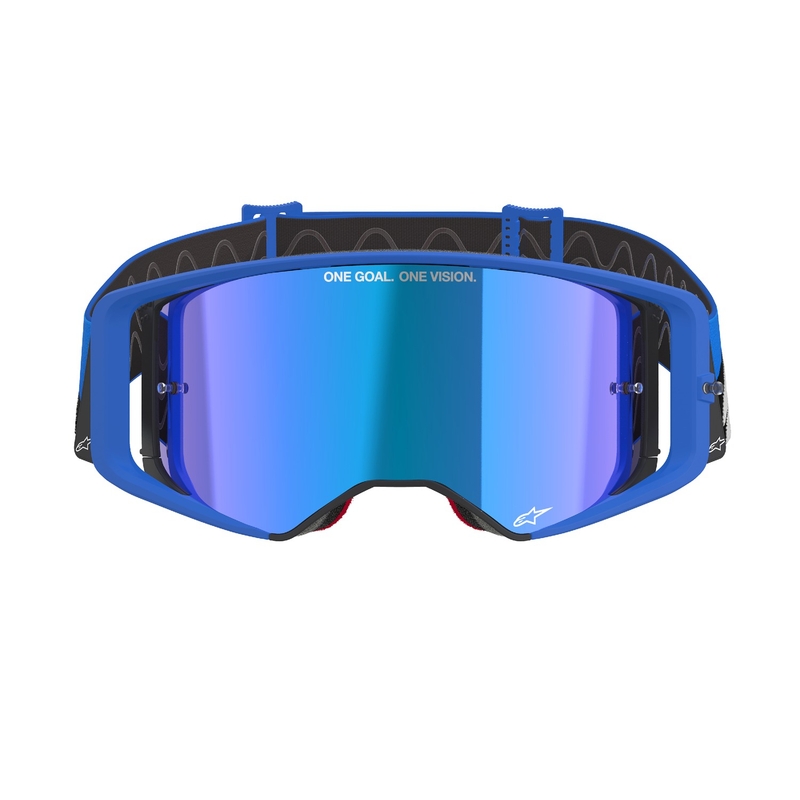 Alpinestars Supertech Stream siniset motocrosslasit, joissa on sininen peililinssi