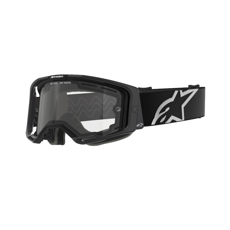 Alpinestars Vision 8 Corp motocrosslasit mustat kaksinkertaisella huurtumattomalla kirkkaalla linssillä varustettuna.