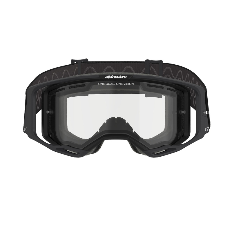 Alpinestars Vision 8 Corp motocrosslasit mustat kaksinkertaisella huurtumattomalla kirkkaalla linssillä varustettuna.