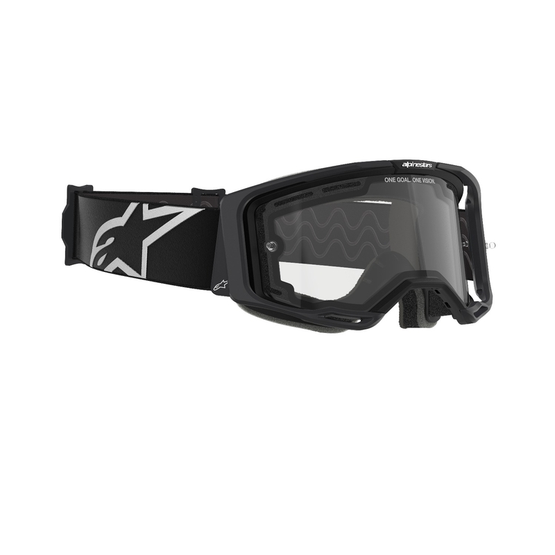 Alpinestars Vision 8 Corp motocrosslasit mustat kaksinkertaisella huurtumattomalla kirkkaalla linssillä varustettuna.