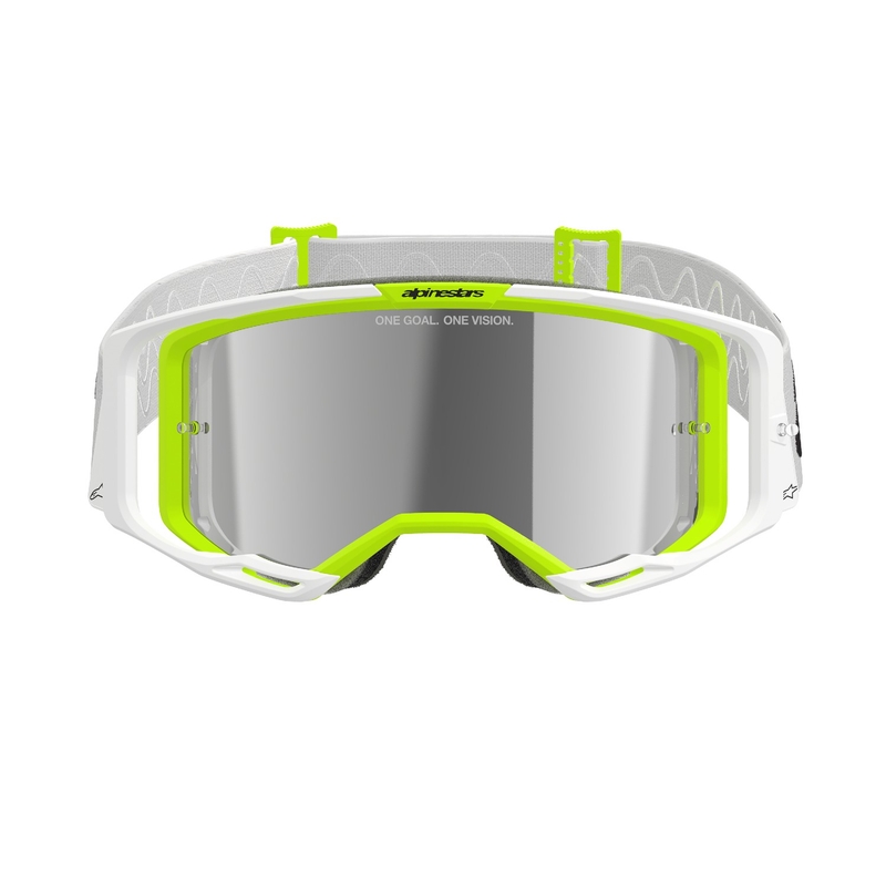 Alpinestars Vision 8 Wordmark motocrosslasit valko-fluokinkeltaiset, peilattu hopea linssi