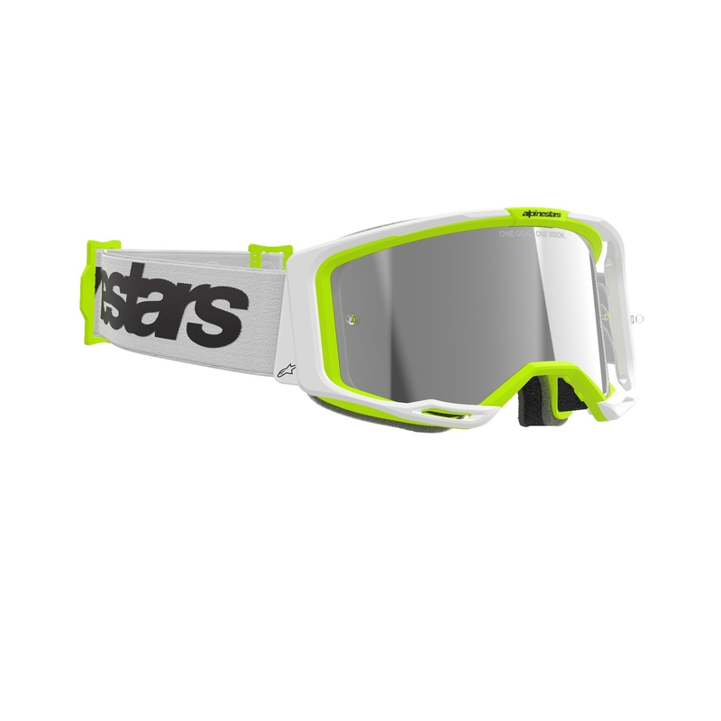 Alpinestars Vision 8 Wordmark motocrosslasit valko-fluokinkeltaiset, peilattu hopea linssi