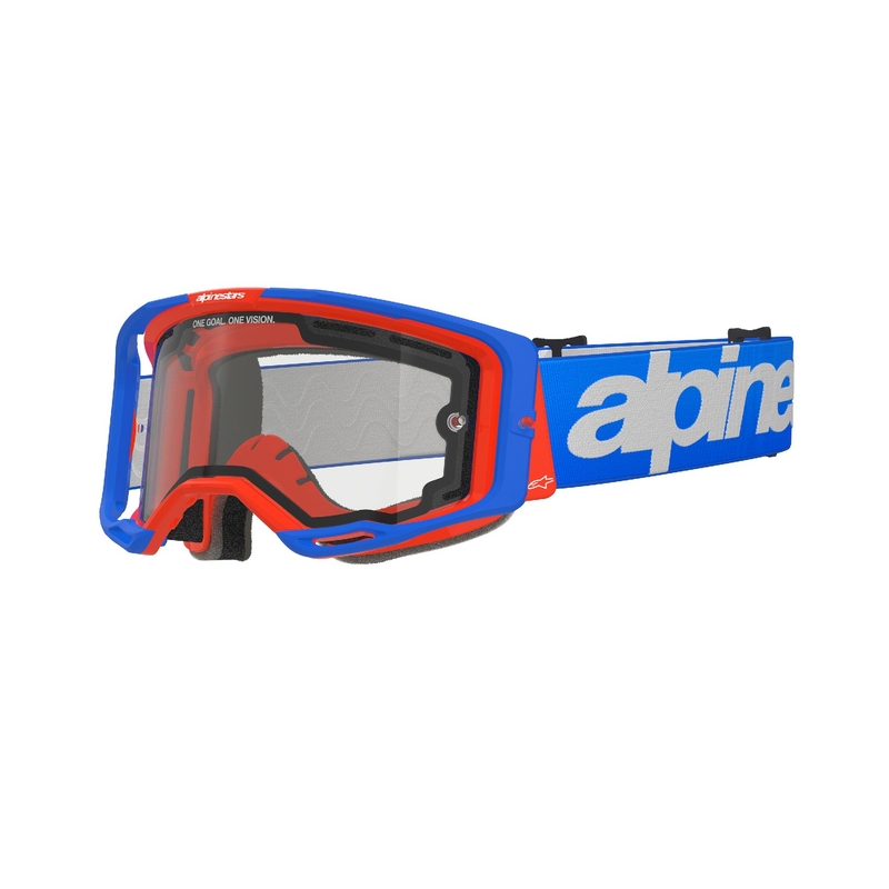 Alpinestars Vision 8 Wordmark motocrosslasit sini-oranssi, jossa on kaksinkertainen huurtumaton kirkas linssi.